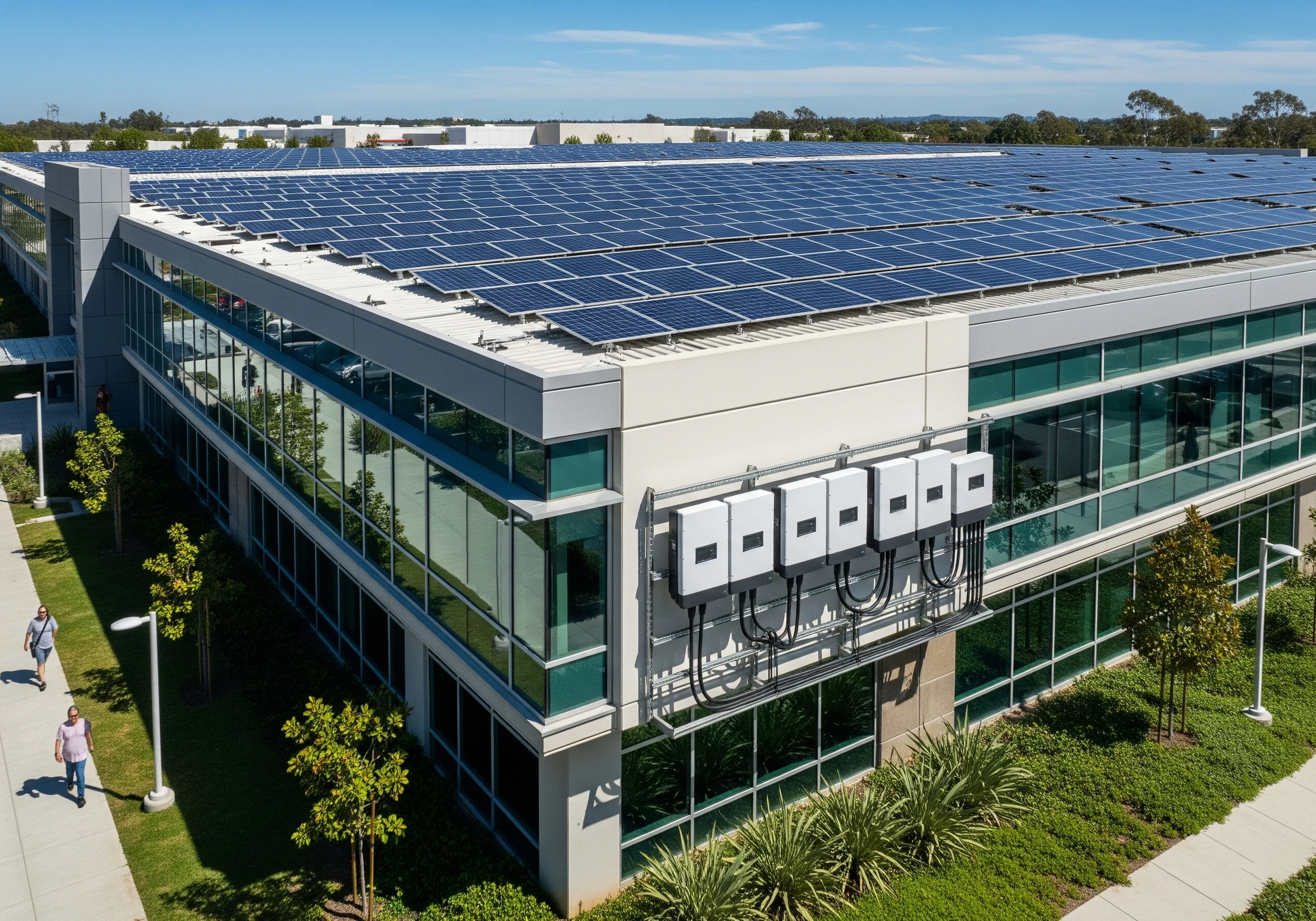 Modern commercial building with smart electrical and solar integration